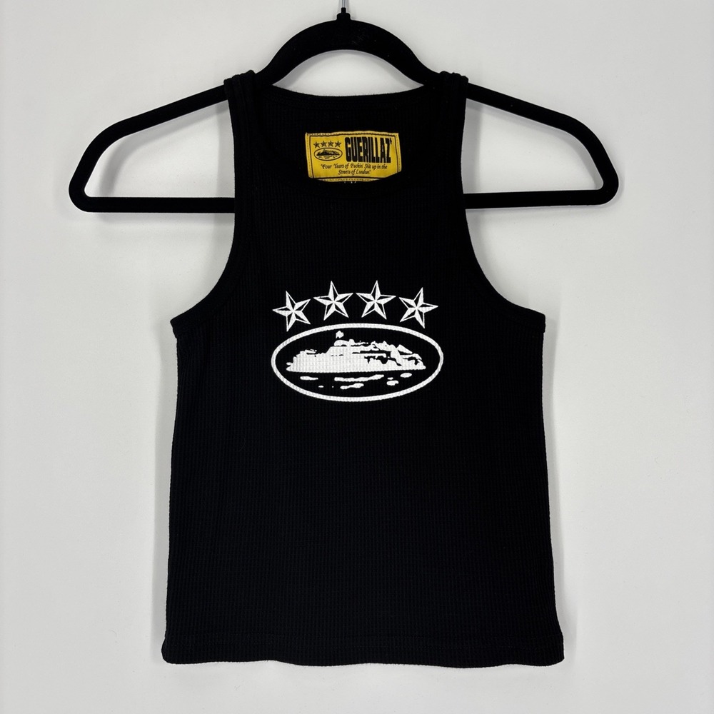 Corteiz Women's Guerillaz Alcatraz Print Black Cropped Tank Top - Size Medium